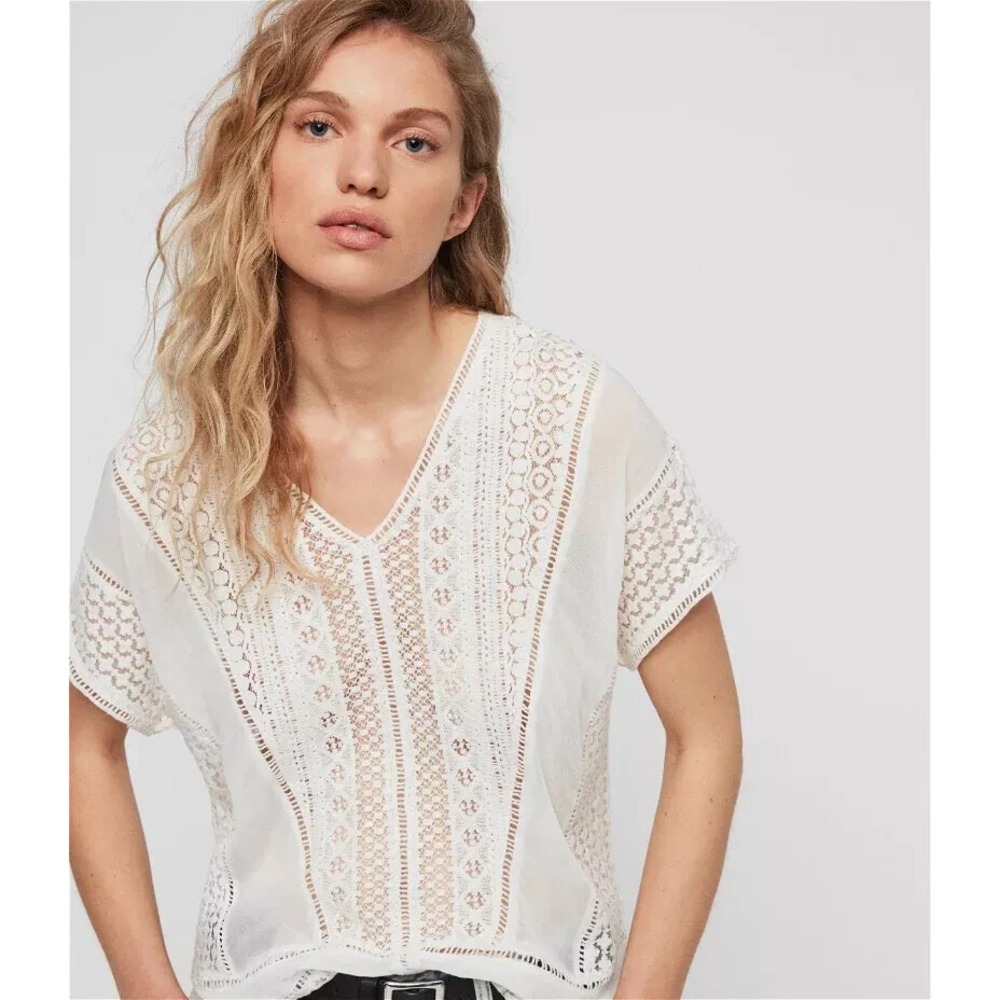 ALL SAINTS Cindi Lace Eyelet Sheer Blouse Top in Oyster White (Cream), Small